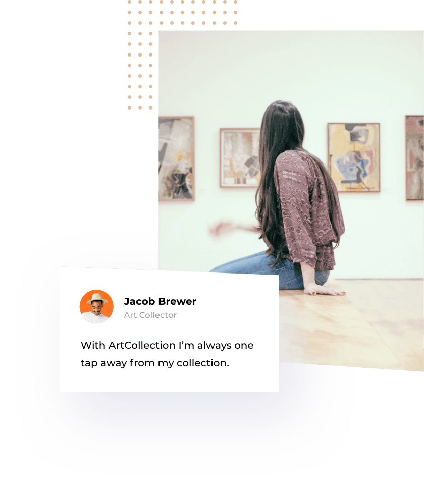 A female art lover sitting in front of abstract artwork at an international museum.