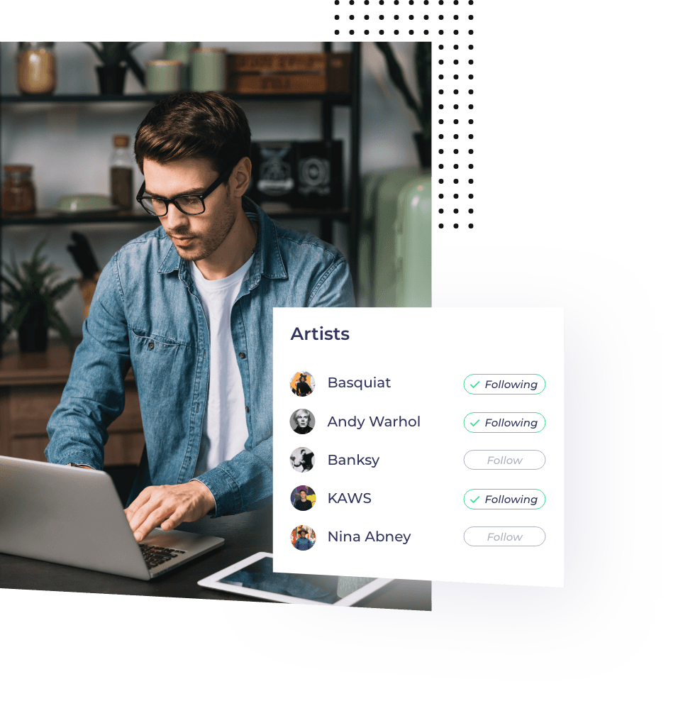 A male art collector following artists outside of his art collection.